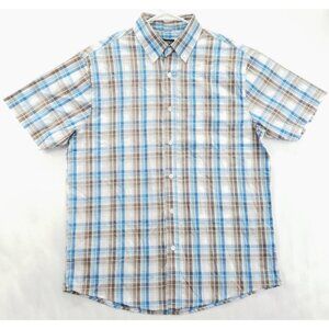 Gioberti Shirt Mens Medium Blue Brown Plaid Cotton Short Sleeve Button-Down